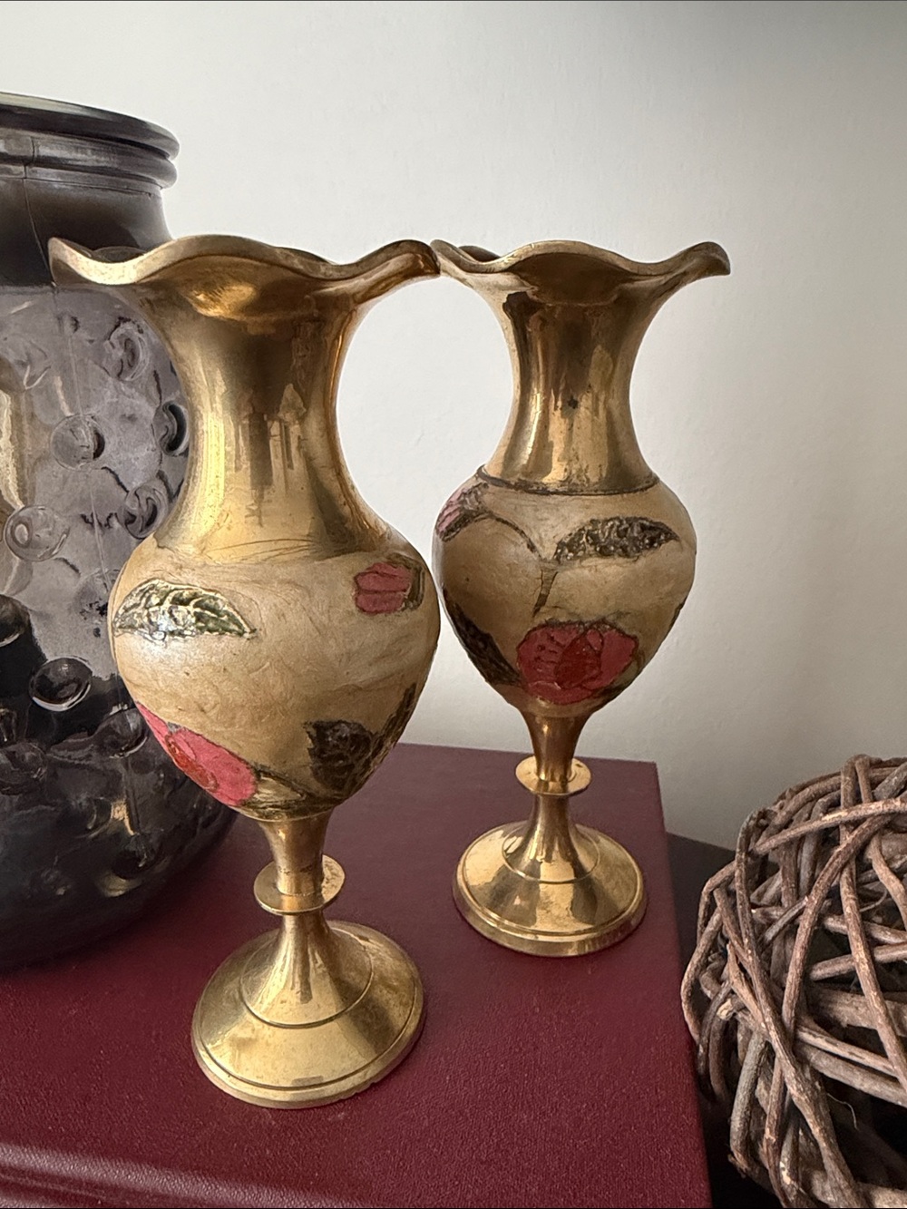 Vintage Set of Enamel Cloisonné Brass Ruffled Bud Vases